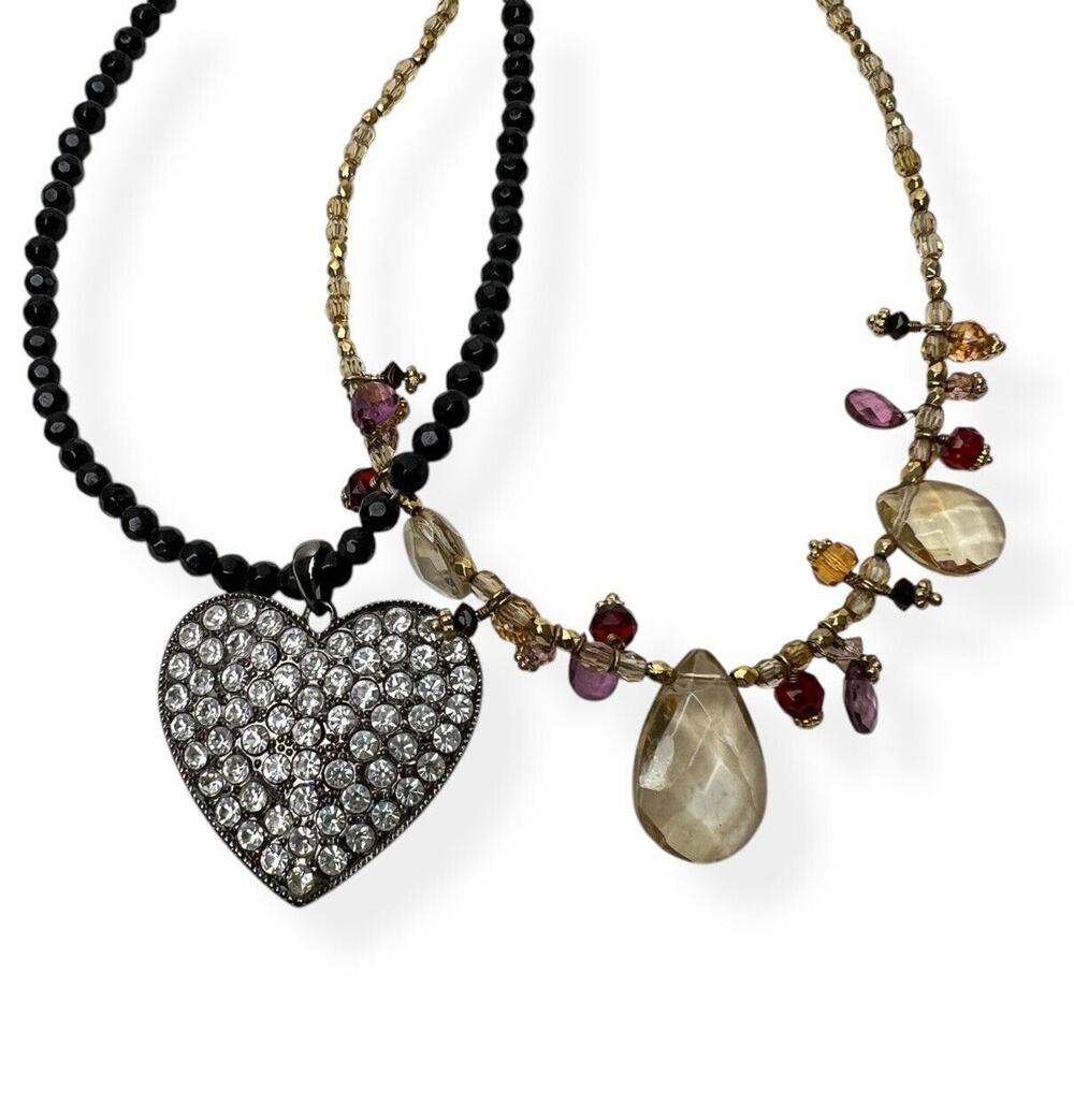 Vintage Cookie Lee Pendant Necklaces Lot 2 Rhinestone Heart Faceted Beads